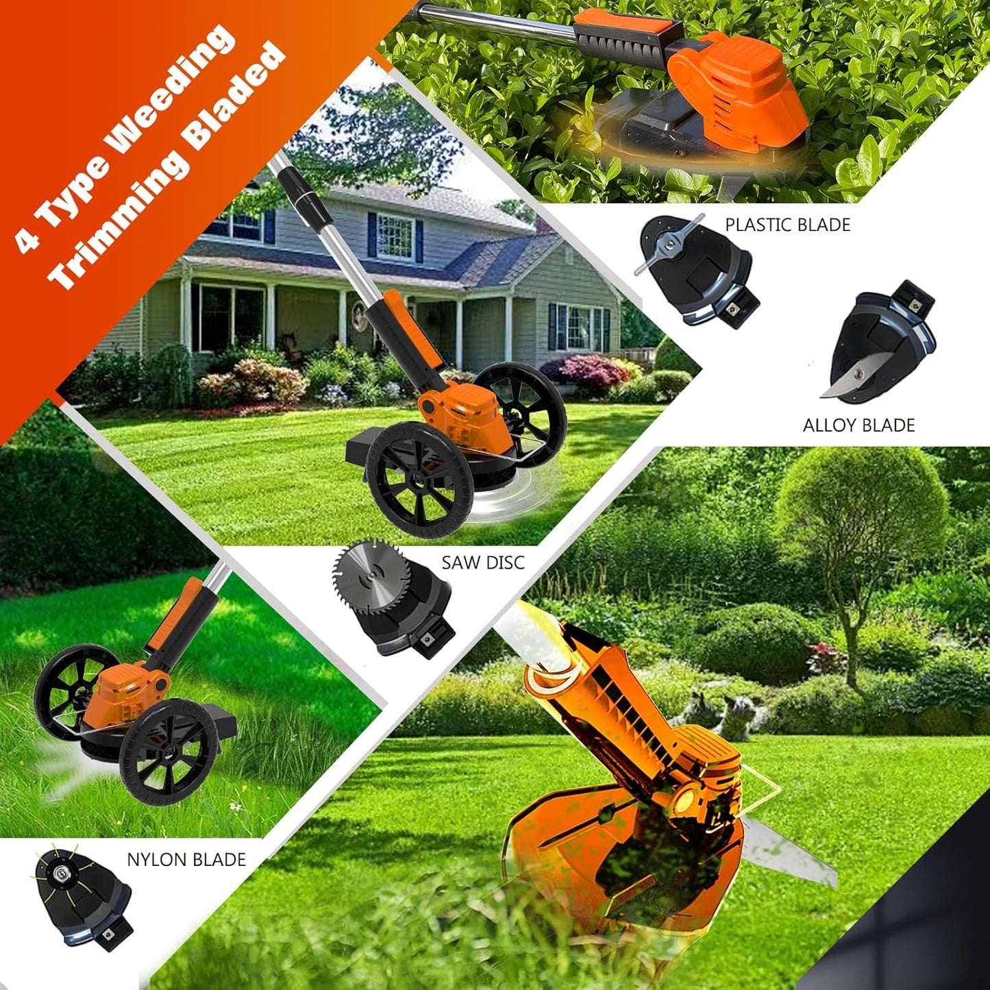 Electric Weed Wacker Eater Cordless Battery Powered, Weed Trimmer 21V Lightweight No-String with 2 Battery Operated & Wheels, 3 in 1 Stringless Grass Trimmer/Edger/Brush Cutter for Garden Yard Lawn