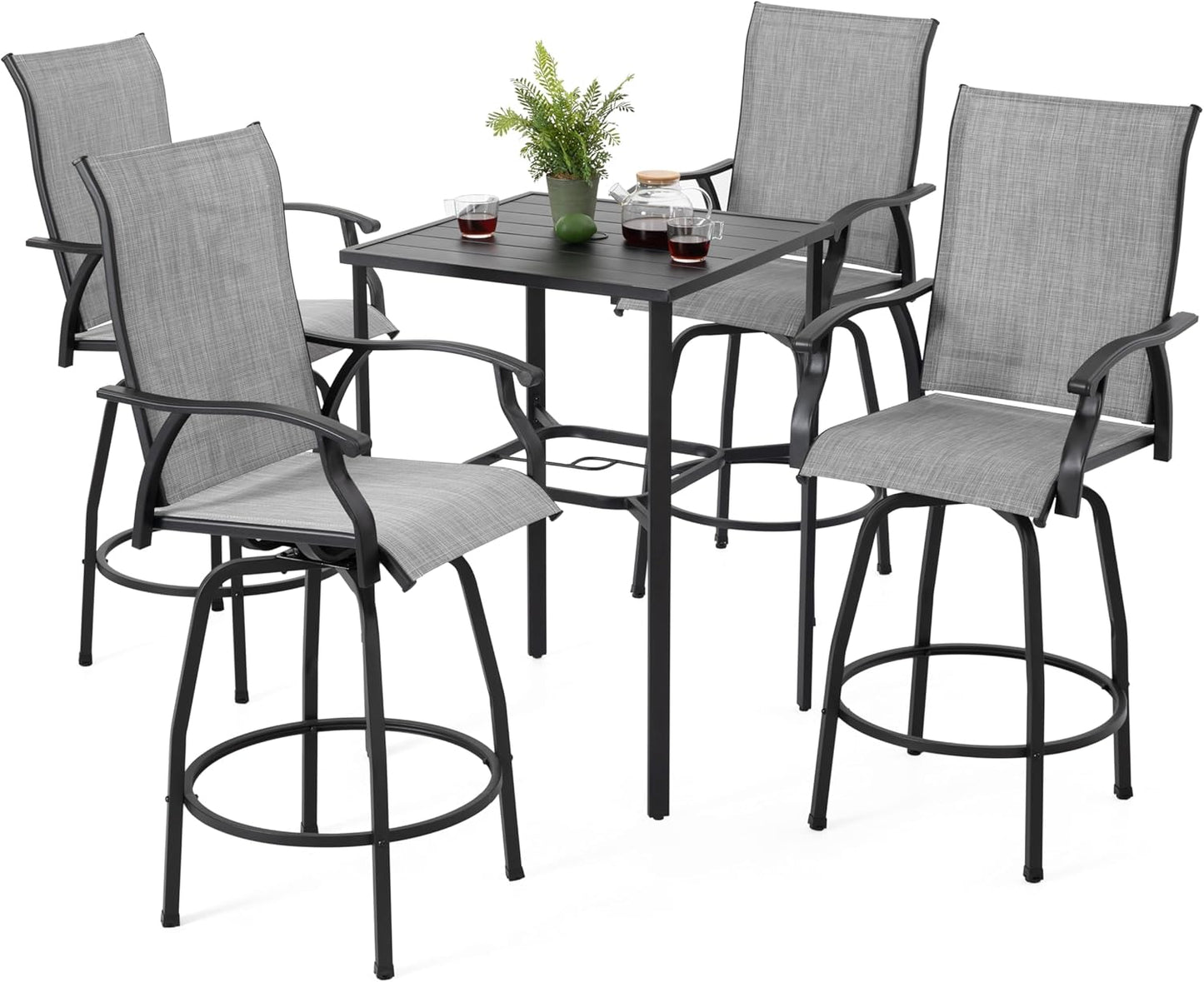 NUU GARDEN 5-Piece Outdoor Patio Swivel Bar Set, All-Weather Textilene High Bistro Stools and Square Bar Table with Slatted Tabletop and Umbrella Hole for Backyard, Balcony and Sunroom, Gray and Black