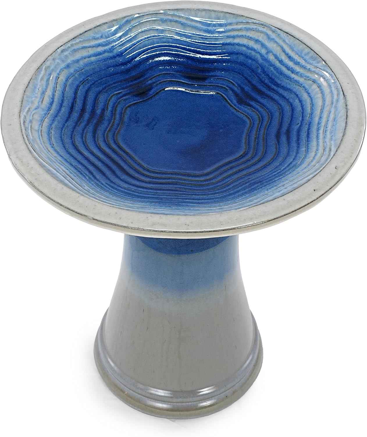 17'' Ceramic Bird Bath for Outside, Elegant Tall Pedestal Birdbath with Blue Ombre Glaze, Lightweight Outdoor Bird Bath with Swirl Pattern for Garden Patio Yard