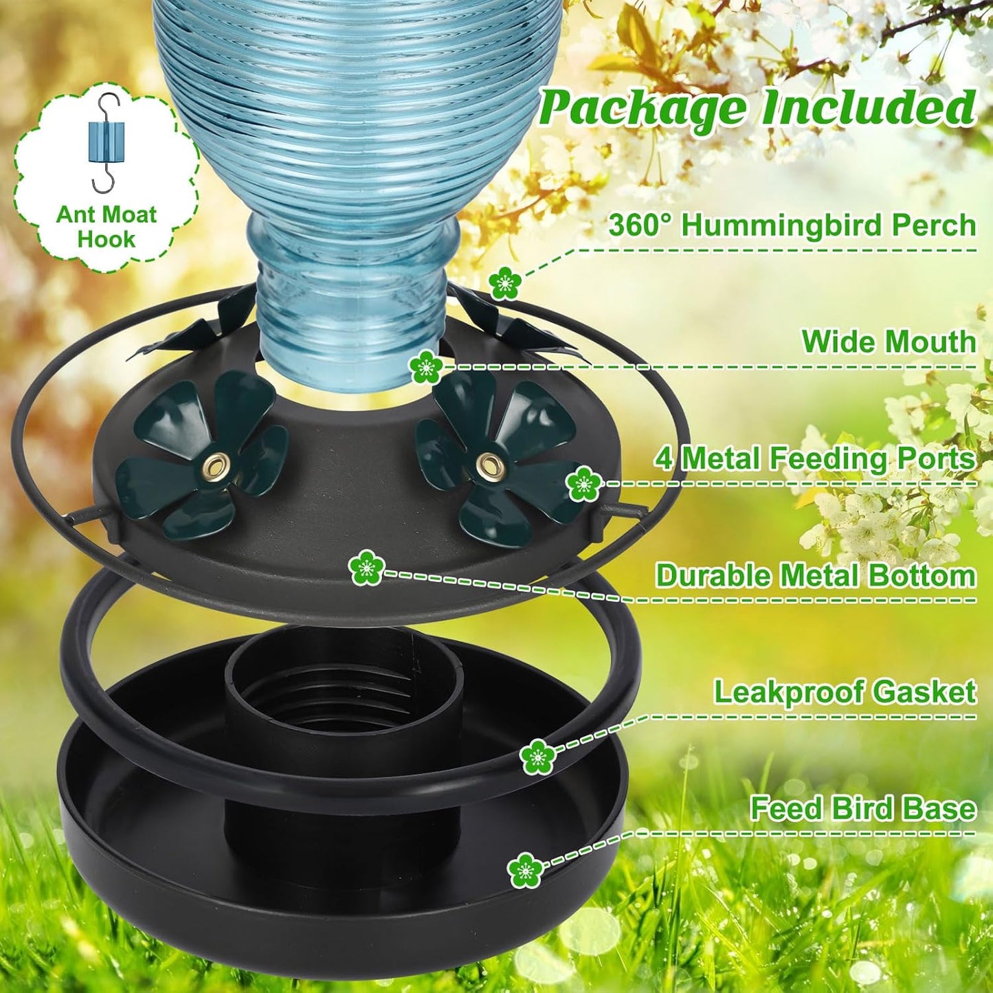 FEED GARDEN Glass Hummingbird Feeder for Outdoors Hanging, 20 OZ Humming Birds Feeders with 4 Bee Guard Feeding Ports & Built-in Ant Moat, Bird Feeder for Outside, Blue,1 Pack