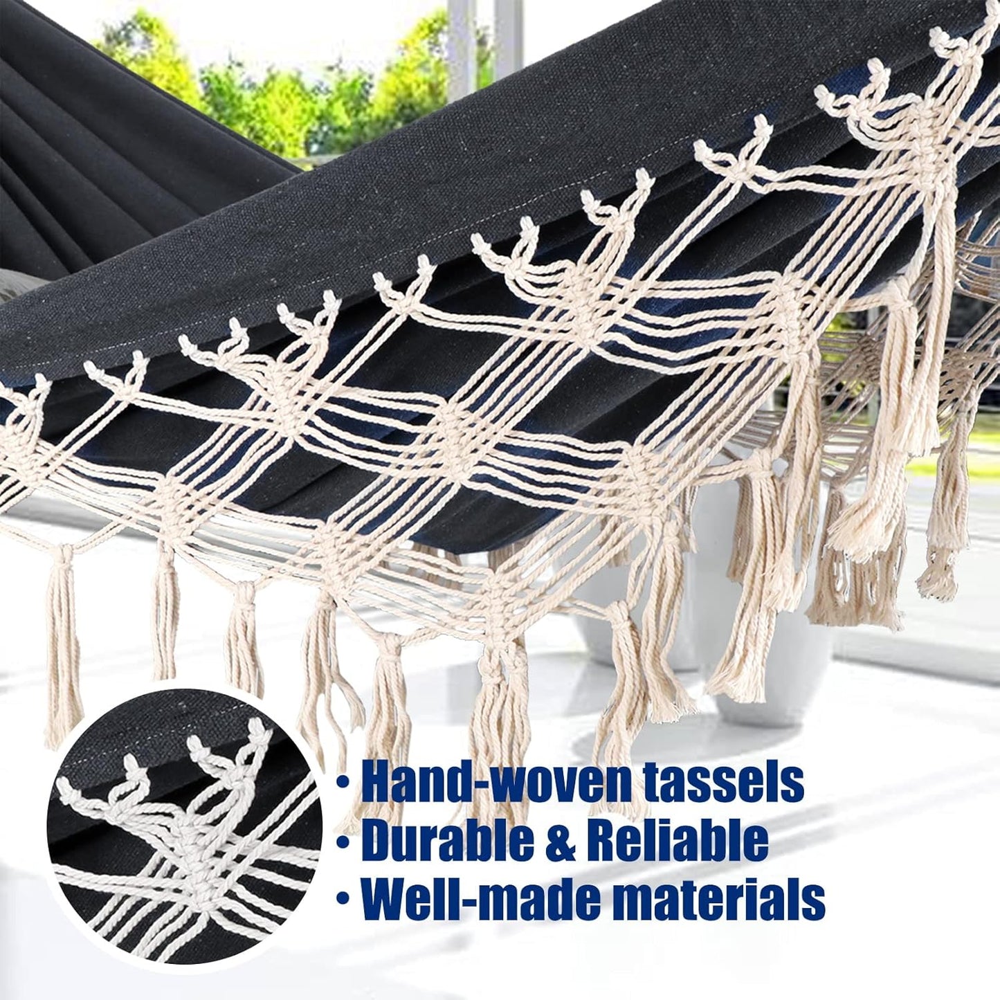 Anyoo Cotton Hammock - Comfortable & Elegant Deluxe Hammock with Tassels - Supports Up to 450lbs - Portable with Travel Bag for Porch, Patio, Yard, Bedroom & Outdoor/Indoor