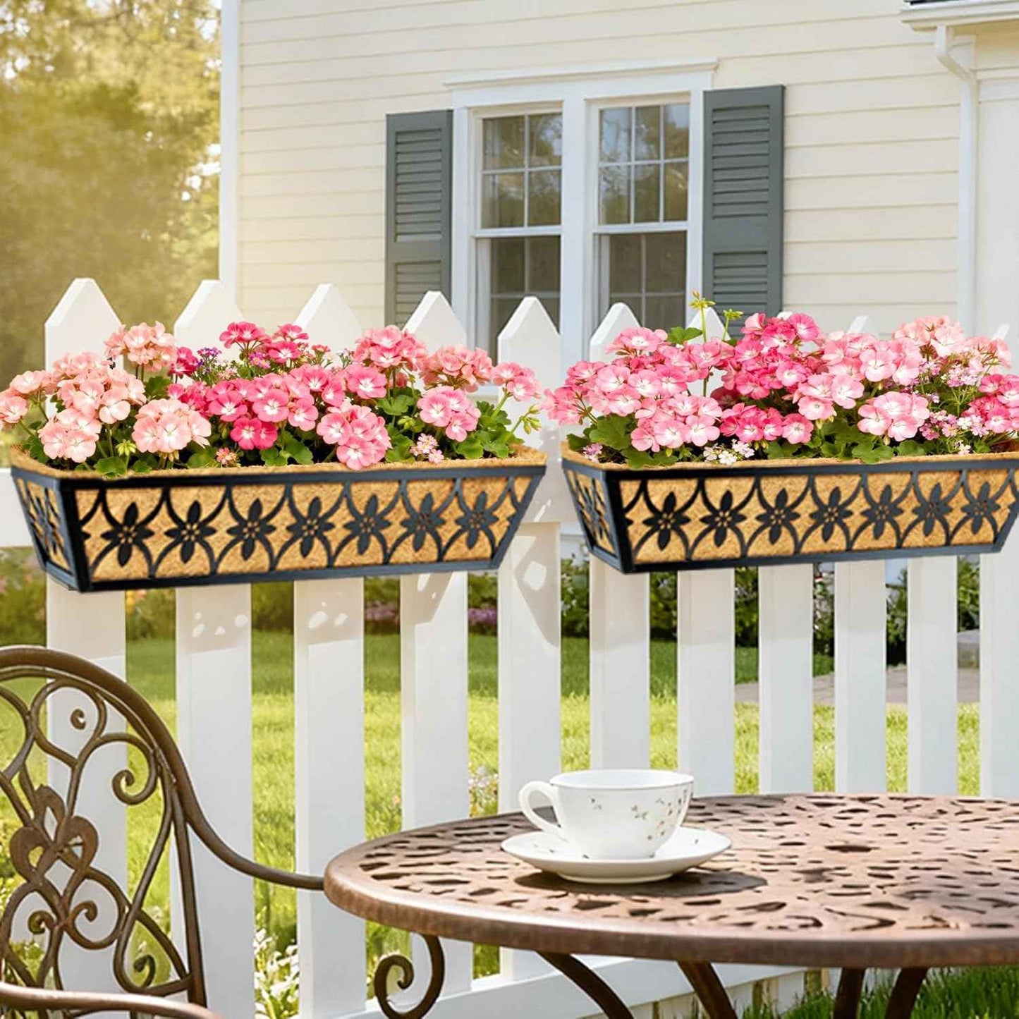 24 Inch Window Boxes Planters Railing Planter Box - 2 Pack Deck Railing Planter Boxes with Adjustable Brackets Coco Liners Balcony Planters Railing Hanging for Window Flower Boxes Outdoor Garden Decor