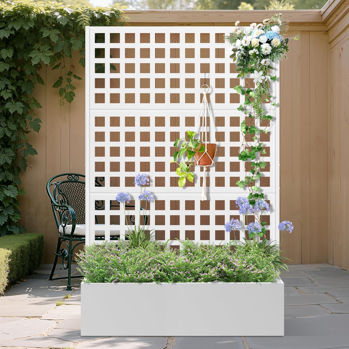 Metal Planter Box with Trellis, Heavy-Duty Raised Garden Bed for Climbing Plants, Drainage Hole, Outdoor Planter Box with Privacy Screen，47''L×16''W×71''H