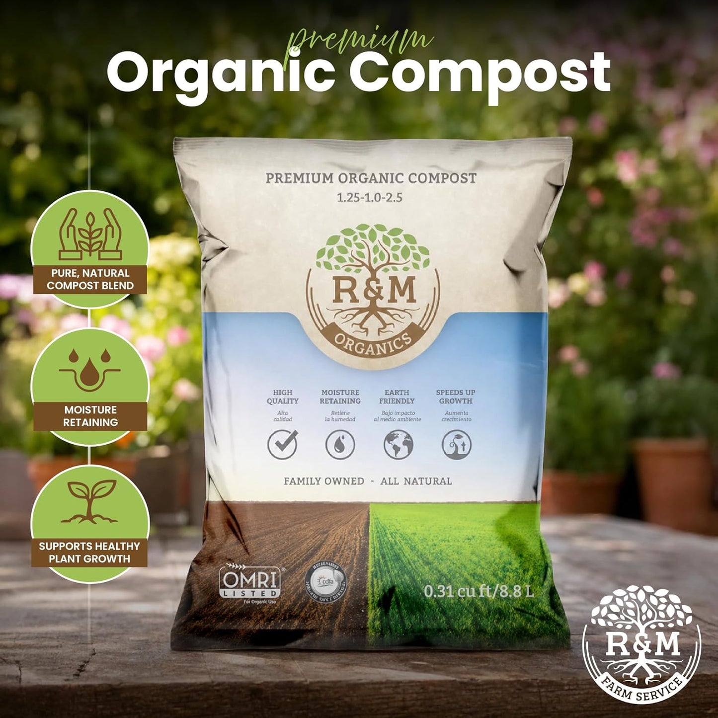 R&M Organics Premium Organic Compost 10 lb Bag for Vegetables, Flowers, Plants & Lawns-All Purpose Soil Amendment Fertilizer - Moisture Retention, Low Odor, Manure Based Compost - Indoor & Outdoor Use