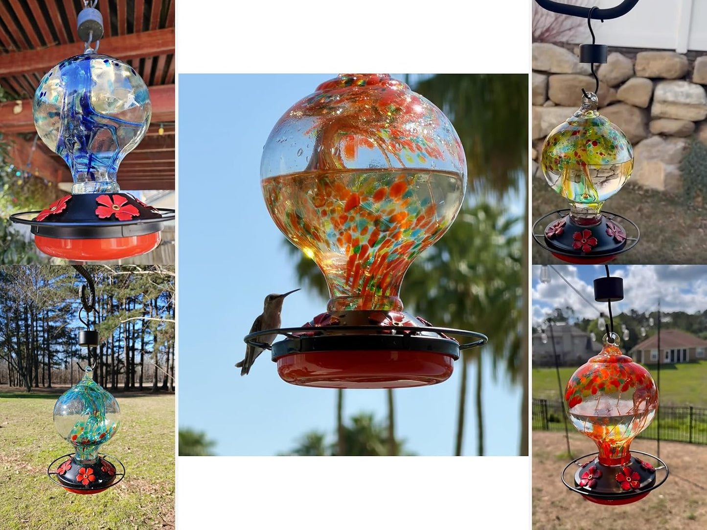 Hummingbird Feeder for Outdoors Hanging, 34 Oz, Hand Blown Gift Inner Glass Décor for Garden, Ant Moat & Bee-Resistant Ports, Decoration Stained Humming Bird Feeders, Sunset Red