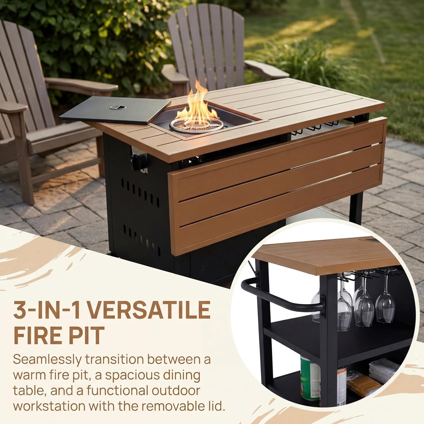 Outdoor Propane Fire Pit Table 44" with Lid & Wheels, Multifunctional Patio Fire Table with Storage Shelf, Steel Gas Firepit Dining Table for Backyard, Garden, Deck, Black