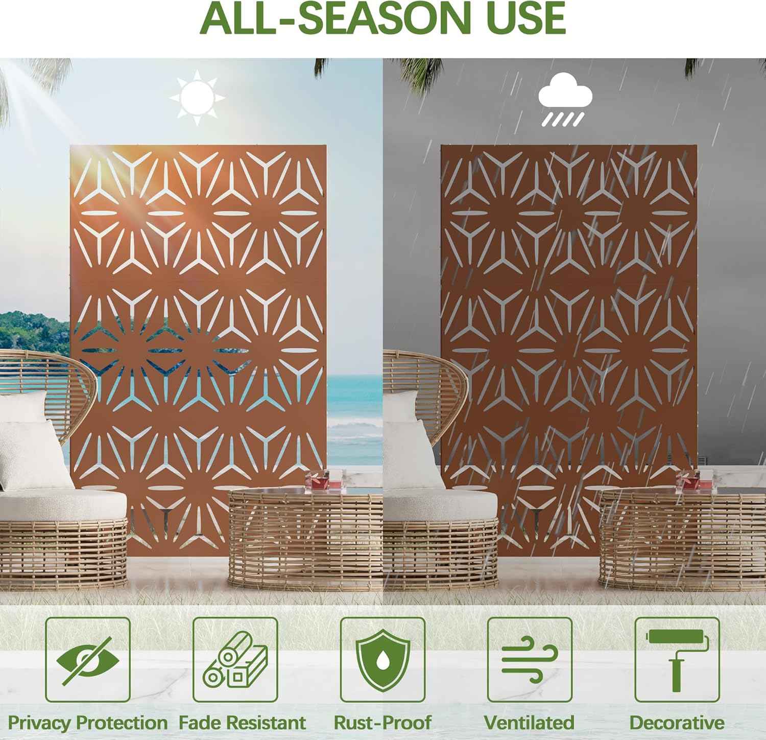 Cofar Metal Privacy Screen Outdoor 72" H×44" W -Brown Freestanding Outdoor Privacy Panels with Stand, Decorative Fence for Patio, Deck, Balcony（Floral）