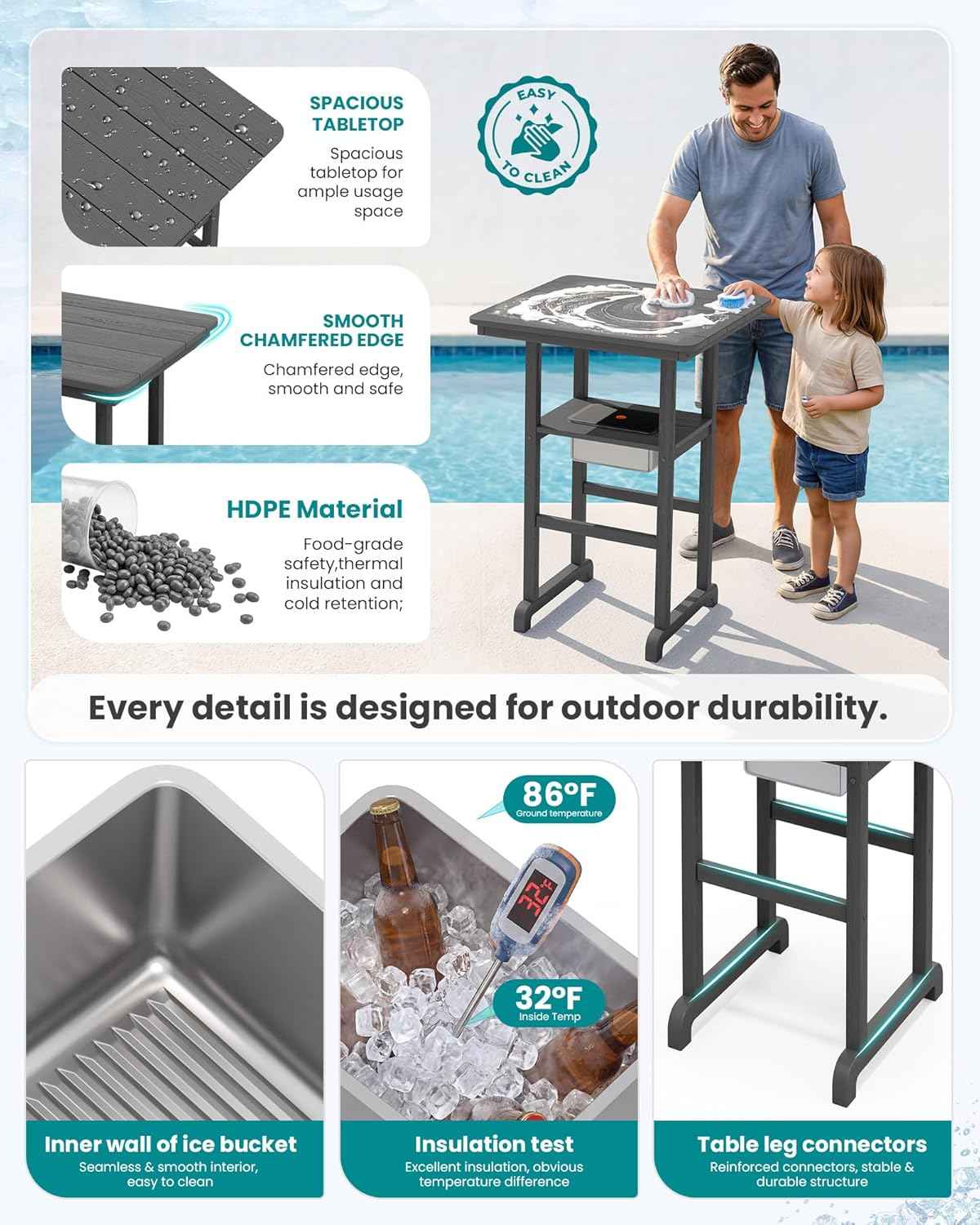 SERWALL Balcony Adirondack Chairs and Table 3 Pieces Set, HDPE Bar Height Chairs Set of 2 and Bar Table with Ice Bucket, Outdoor Bar Stools Set for Bistro, Poolside, Backyard, Grey