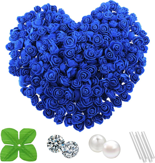 500 Pcs 1.4 Inch Mini Artificial Flowers Head Bulk 5 in 1 Set Faux Foam Fake Small Rose Tiny Baby Flores Bouquet Cake Gift Home Decoration DIY Craft (Dark Blue)