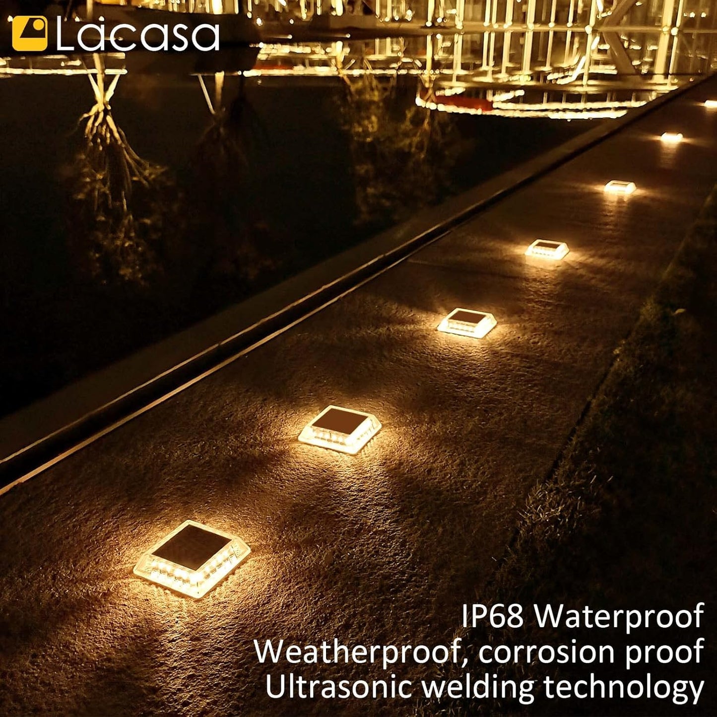 Lacasa Solar Deck Lights, 4 Pack 30LM LED Dock Light Warm White 2700K, Outdoor Solar Powered Step Light Up All Night IP68 Waterproof Auto ON/Off for Garden Stairs Driveway Pathway
