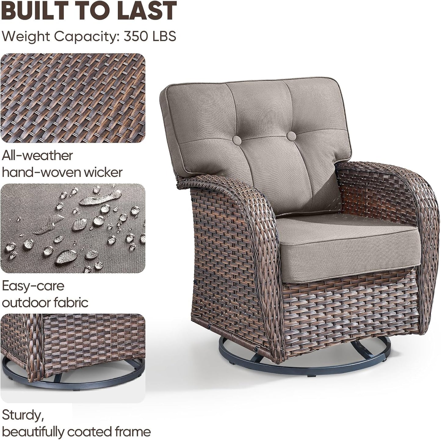 5-Piece Rotating Balcony Chair Set with 31-inch T-Shaped Wide backrest - Rattan Outdoor Rotating Balcony Chairs, Wide backrest Comfortable Outdoor Sliding Chair - Brown | Grey