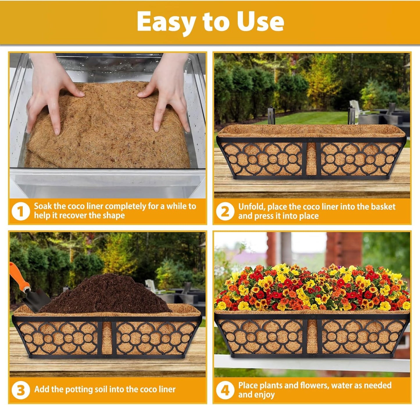 Legigo 2 Pack 24 Inch Square Coco Liners Planter Baskets Liner- Natural Coconut Coir Fiber Liner Replacement, Window Box Liners Trough Coconut Liners for Wall Planter Garden Deck Fence Flower Baskets