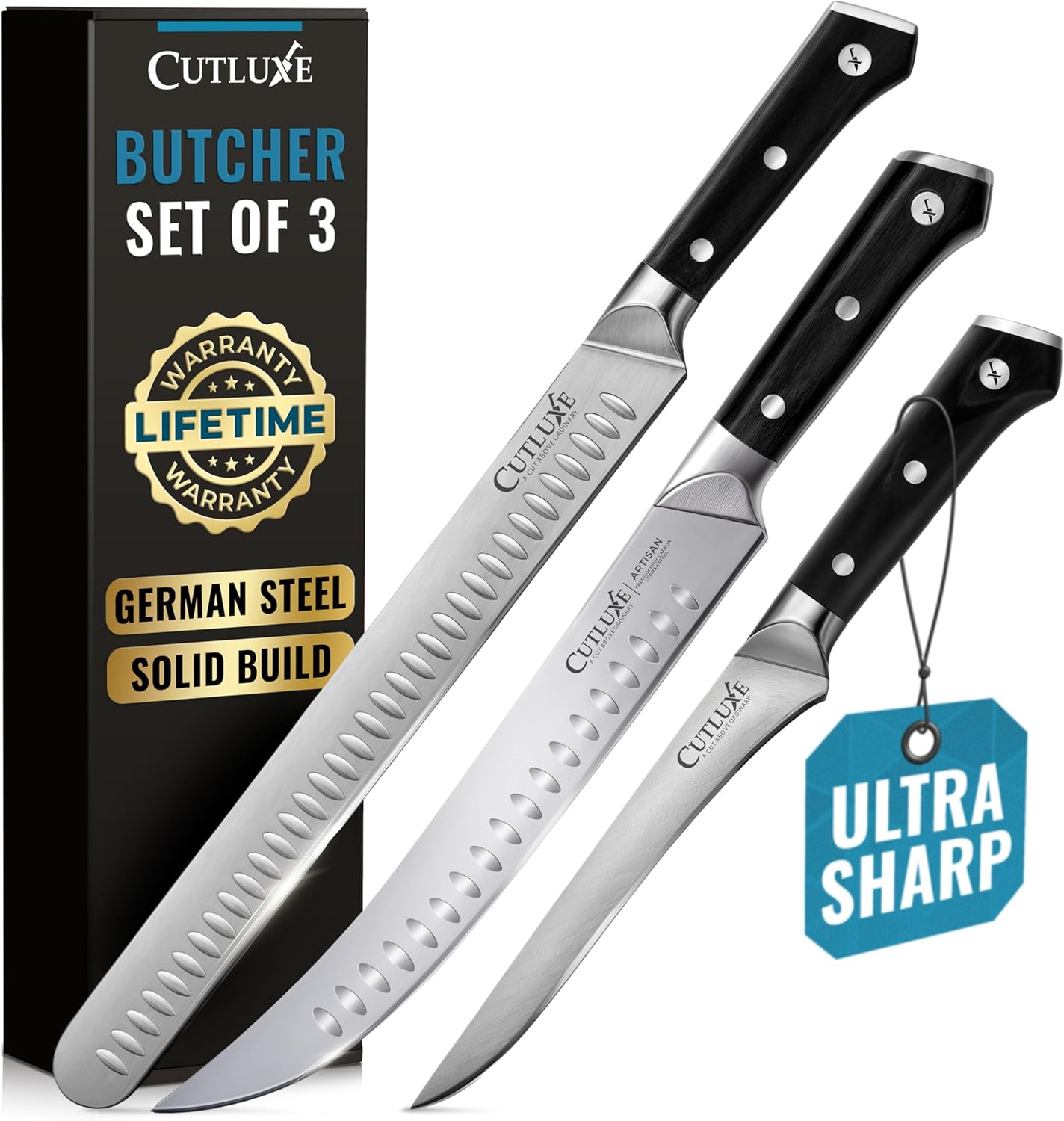 Cutluxe Butcher Knife Set – BBQ Brisket, Breaking & Boning Knife – Slicing Carving Knife Set for Meat Cutting, Ultra Sharp German Steel, Full Tang, Ergonomic Handles – Artisan Series