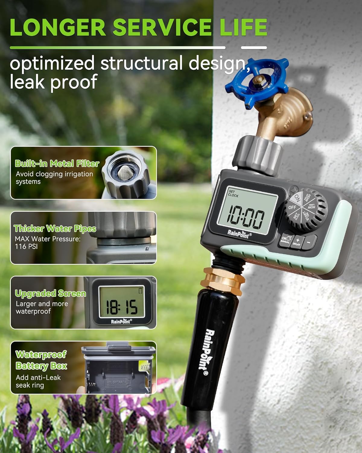 RAINPOINT Sprinkler Timer, Programmable Water Timer for Garden Hose, Outdoor Soaker Hose Timed with Rain Delay/Manual/Automatic Watering System, Digital Irrigation for Yard, Lawn, 1 Outlet