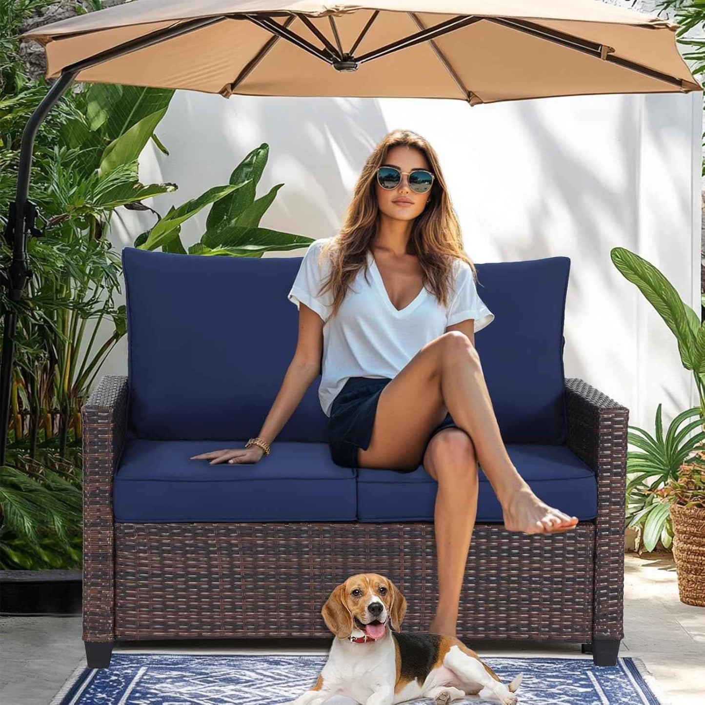 EortheX Outdoor Patio Loveseat,All-Weather Wicker Loveseat with Cushions – Rattan Outdoor 2 Person Sofa Furniture for Garden, Balcony, and Deck,Sectional Patio Love seat Sofa Set - Blue
