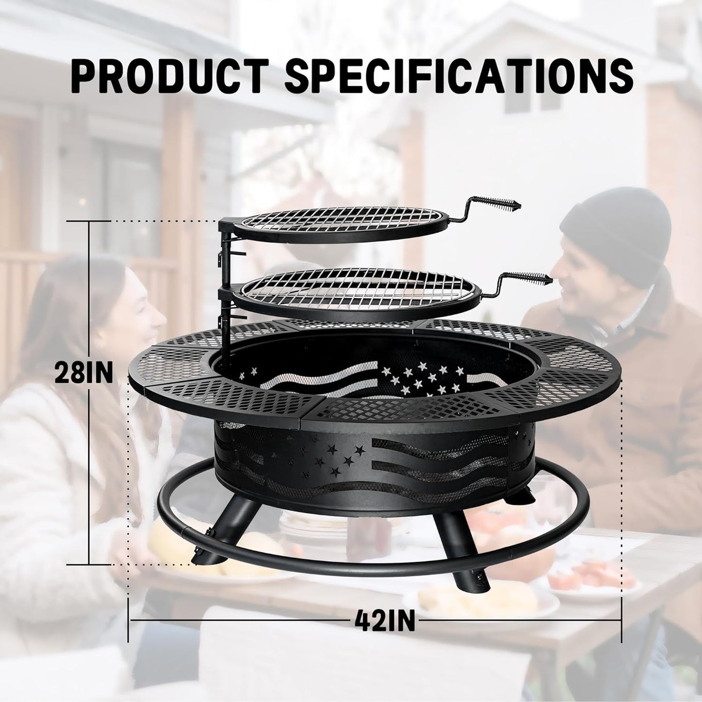 42 Inch Fire Pit with 2 Cooking Grates, Outdoor Wood Burning BBQ Grill Firepit Bowl with Cover Lid, Steel Round Table for Backyard Bonfire Patio Picnic (Black, 42)