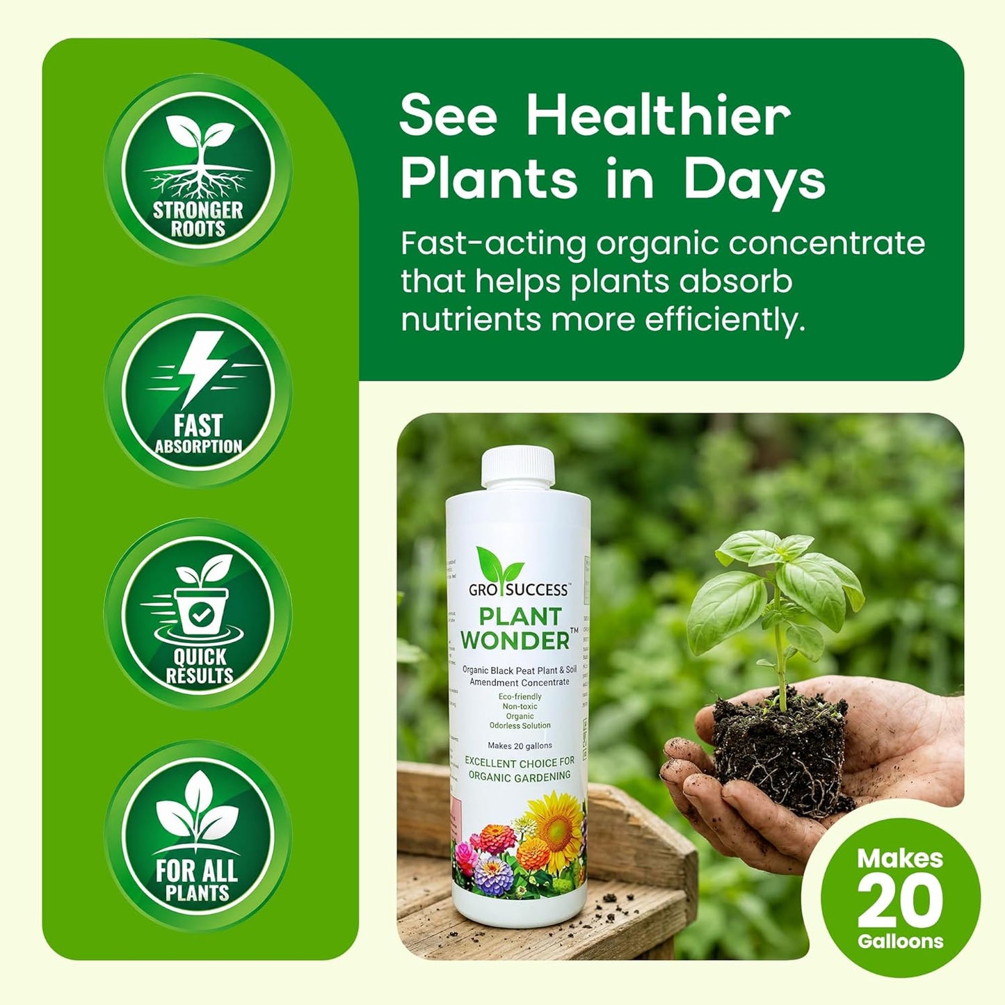 Organic Plant Fertilizer Liquid Concentrate – Plant Food for Indoor & Outdoor Plants, Vegetables & Lawn – Soil Booster with Humic & Fulvic Acid – 16 oz – GroSuccess PlantWonder