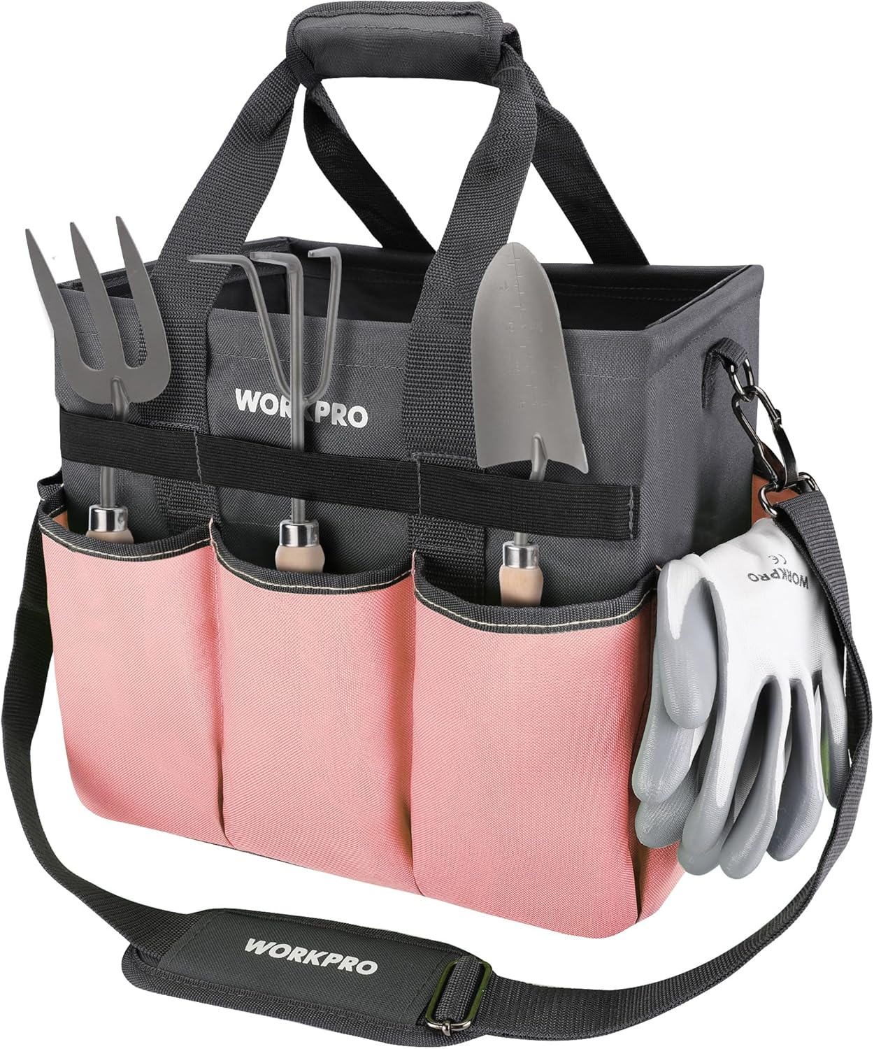 WORKPRO Garden Tool Bag, Heavy Duty Gardening Tote Bag Organizer with 10 Pockets and Long Adjustable Shoulder Strap, Standable Garden Home Tool Kits Organizer, Pink