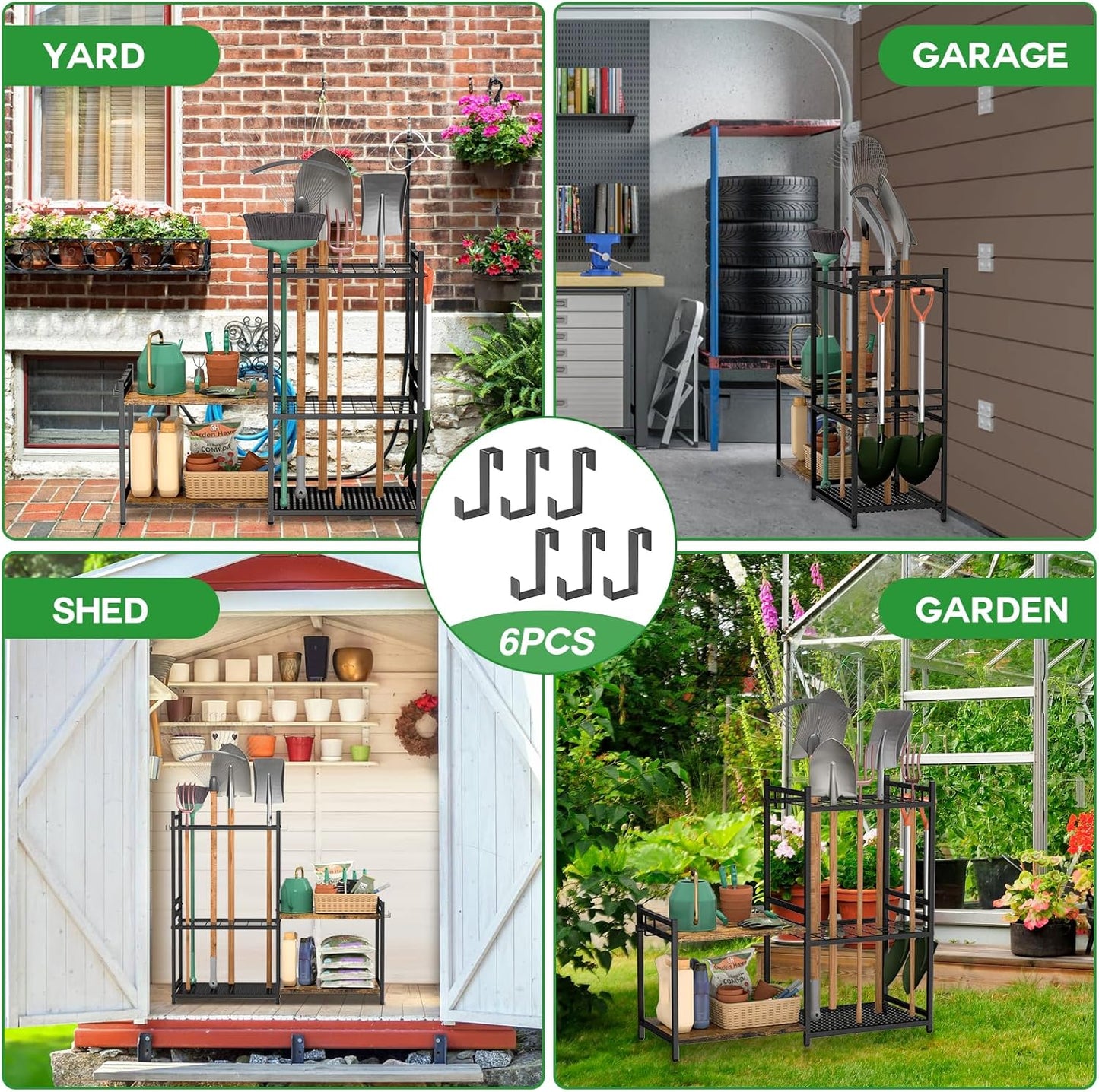 DAOUTIME Garage Tool Organizer with 2-tier Wooden Shelves, Yard Tool Organizer for Garage with 6 Hooks, Heavy duty Steel Garden Tool Rack Holds up to 35 Long Handled Yard tools for Storage, Black