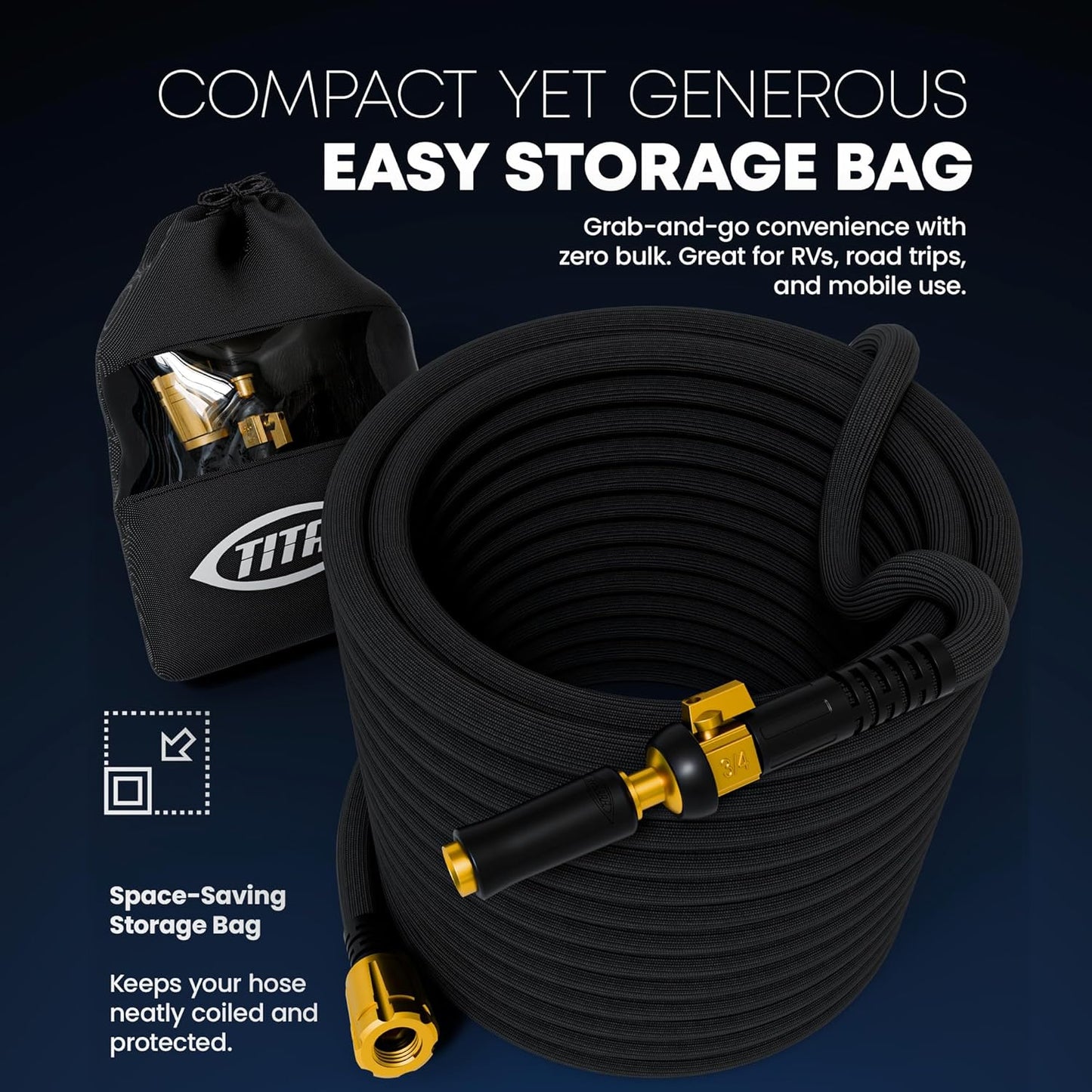 TITAN Flexible Garden Hose 65FT – Ultra Lightweight, Heavy Duty Water Hose with Brass Fittings & Jet Nozzle – Kink-Free, Non-Expanding, Durable Fabric Hose for Yard, Lawn, Car Wash, Outdoor Use