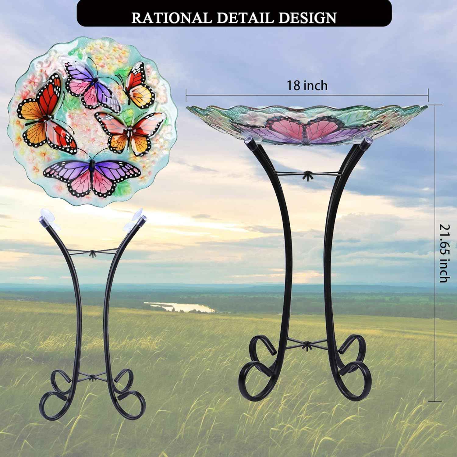 Glass Bird Bath Outdoor with Metal Stand for Lawn Yard Garden Decor Butterfly Bird Feeder