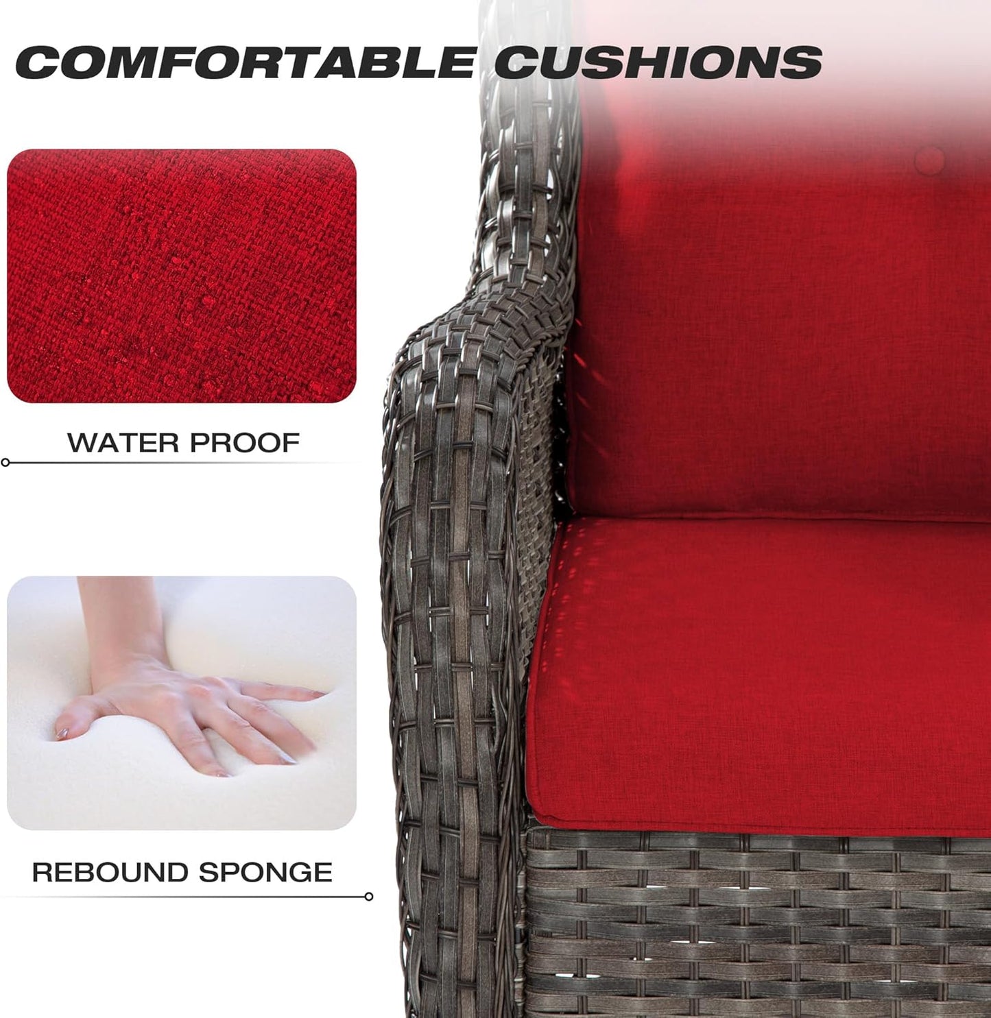 Joyside Wicker Patio Furniture Sets 7 Piece Set with One 3-Seat Sofa, Four Armchairs, Two Ottomans, Wicker Outdoor Furniture Sectional Conversation Set(Mixed Grey/Red)