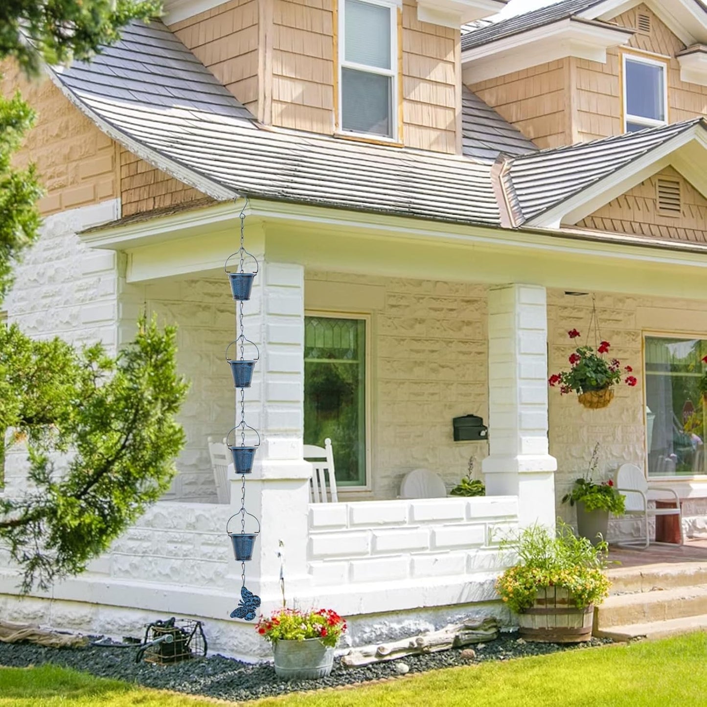 Rain Chain for Outsidewith 1 Adapter,Wrought Iron Rain Chains 9 FT Set,Rain Chains for Gutter with Rain Chain 16 Cup and Decorative Butterfly(Retro Blue)