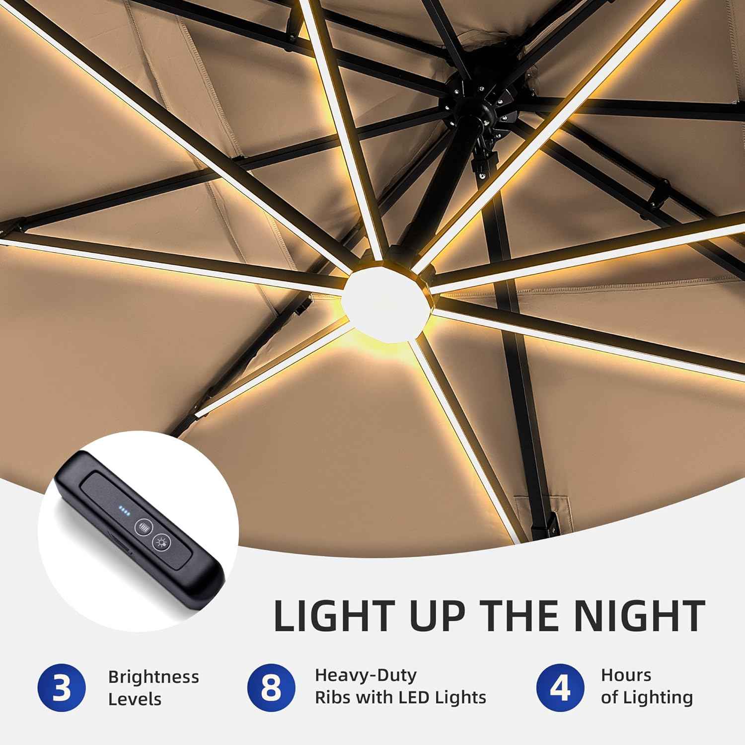 9 X 12 FT Cantilever Outdoor Patio Umbrella with Led Lights Heavy Duty Windproof Double Top Large Rectangle Offset Umbrellas with 360-degree Rotation for Garden Pool Deck Backyard, Beige