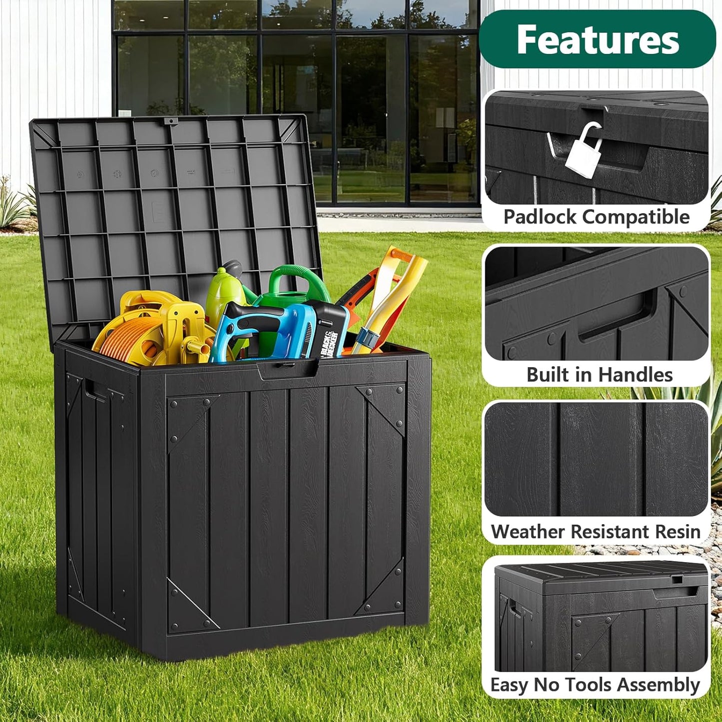 Outdoor Storage Box,30 Gallon Deck Box Outdoor Storage Bench Outside Waterproof Resin Storage Bench, Lockable Patio Cushions, Garden Tools Storage For Furniture, UV Resistant Black