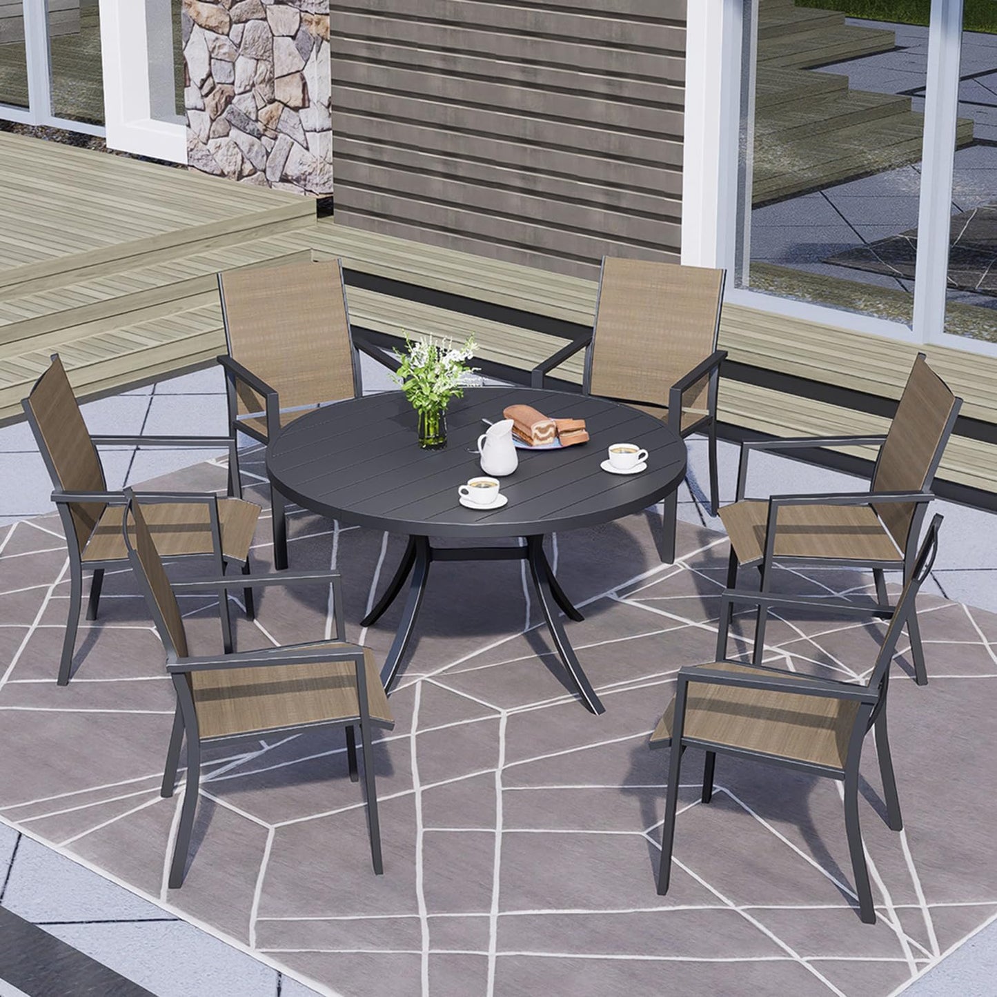 Round Outdoor Dining Table, 48-inch All-Weather Patio Table with Adjustable Umbrella Hole for Deck Lawn Garden Backyard Balcony Deck, Black Metal Frame Slatted Tabletop