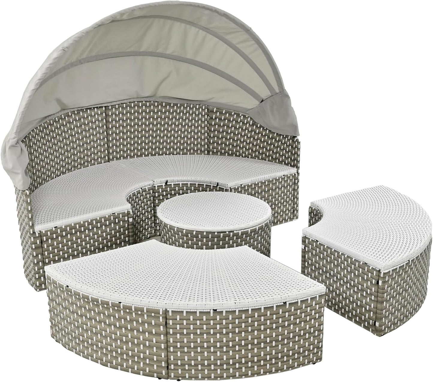 Merax Patio Furniture Round Outdoor Sectional Sofa Set, Rattan Daybed Two-Tone Weave Sunbed with Retractable Canopy, Separate Seating and Removable Cushion, Grey