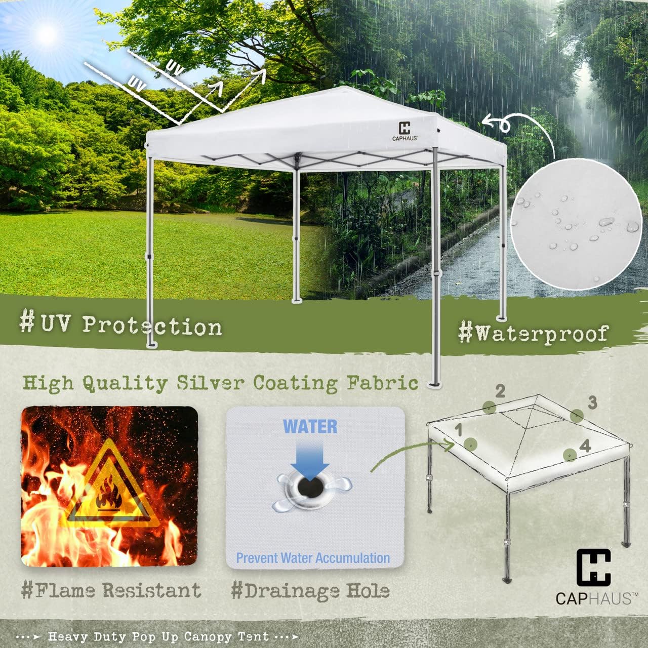 CAPHAUS Patented One-Push Pop Up Outdoor Canopy Tent, Heavy-Duty Commercial Grade w/Central Lock, Portable and Instant Folding Shelter with Wheeled Carry Bag and Weight Bag, 10ft x 10ft, White