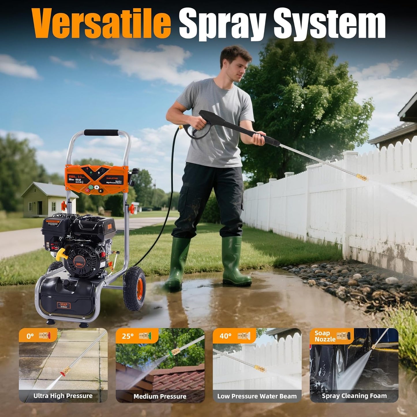 Gas Pressure Washer 3500 PSI, 2.3 GPM Heavy Duty High Power Washer,209CC 7HP Engine with 25Ft Pressure Hose, Axial Aluminum Pump, Soap Tank, Spray Gun and Wand, 4 Quick Connect Nozzle (Orange)