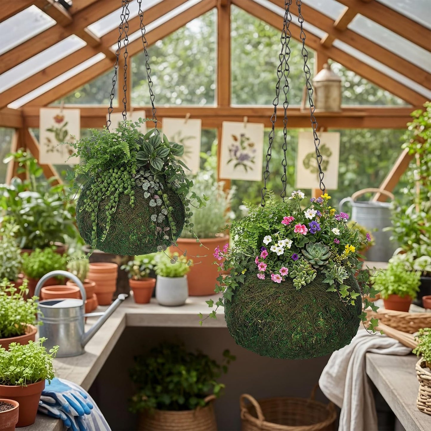 2 Pack 6 Inch Kokedama Moss Ball Planter Orchid Pots Hanging Orchid Planter Basket Moss Ball Hanging Baskets for Plants Outdoor Woven Plant Holder for Indoor Home Garden Balcony Decor
