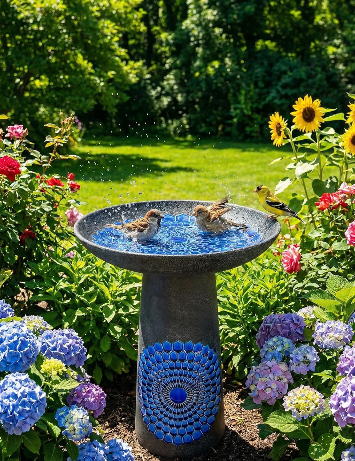 Ceramic Bird Bath for Outdoors – 21.5 Inch Heavy Duty, Diamond Blue Design for Garden & Patio Décor, Perfect for Bird Watching & Outdoor Spaces
