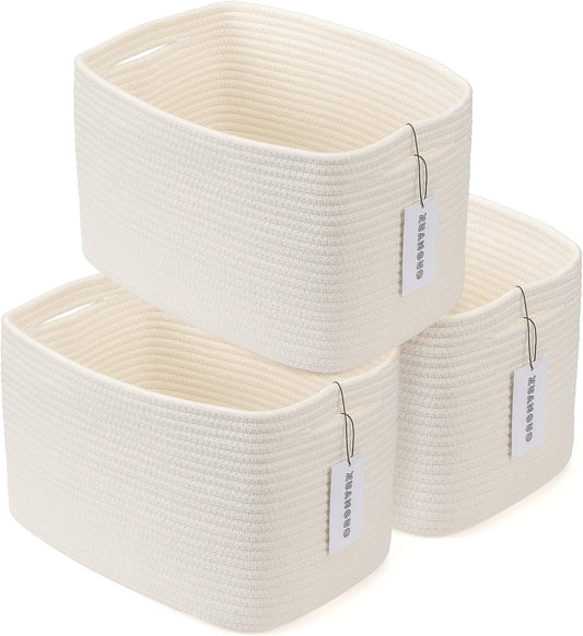 Cotton Rope storage Basket Bins Woven Basket for Organizing Shelves Rectangle Decorative Baskets For storage Clothes Toys Books Towels Square Wicker Nursery basket organizer 3 pack white
