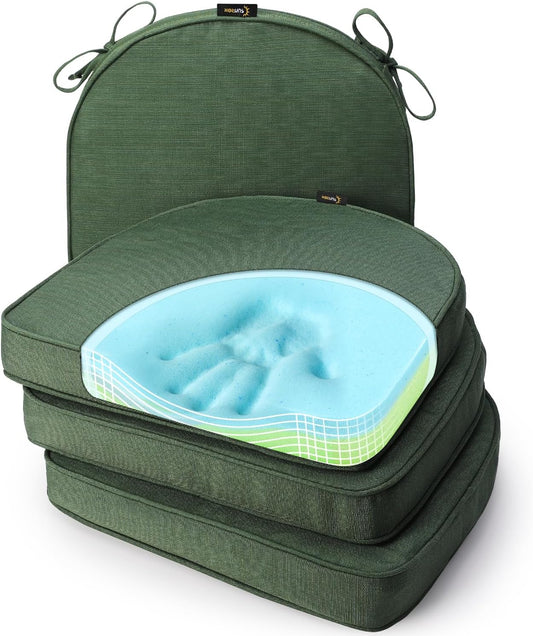 SUNROX Gel Memory Foam Chair Cushions, FadeShield Water-, Stain-Resistant Durable Reversible Seat Cushion Pads with Ties for Indoor/Outdoor Kitchen Dining Office, 19"x19", Set of 4, Heather Fern