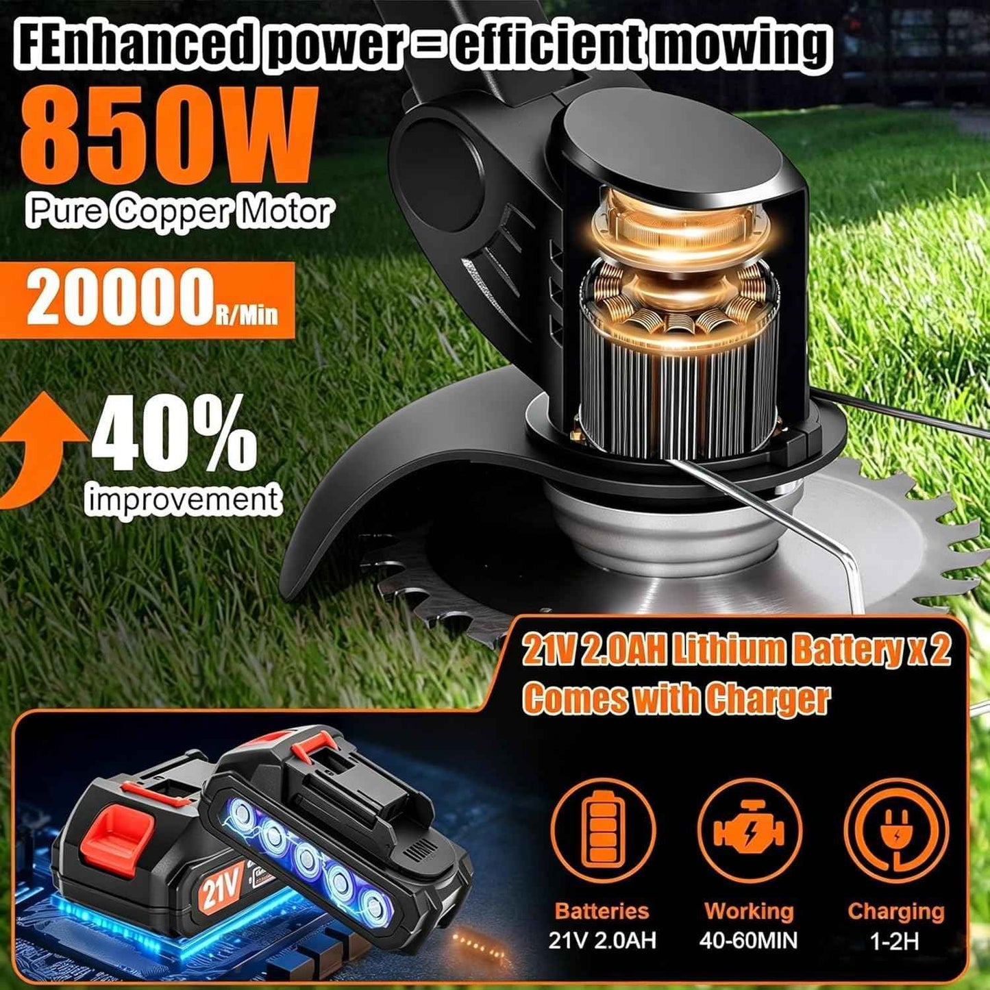 Electric Weed Wacker Cordless, 21V Lightweight Weed Wacker Battery Powered Brush Cutter, 3-in-1 Grass Trimmer/StringlessWeed Trimmer/Edger with Wheels&3Types Blades for Lawn, Garden & Yard