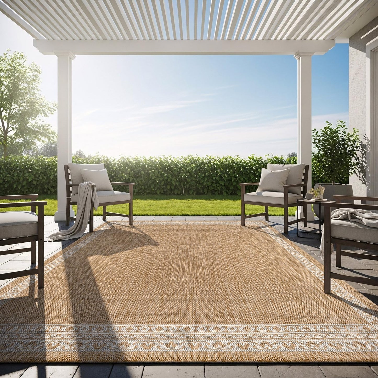 Washable Outdoor Rug 5x7 Modern Area Rugs Outdoor Carpets Bordered Pattern Non Shedding Waterproof Easy Clean Patio Deck Porch Living Room Bedroom Garden RV (5 X 7 Natural)