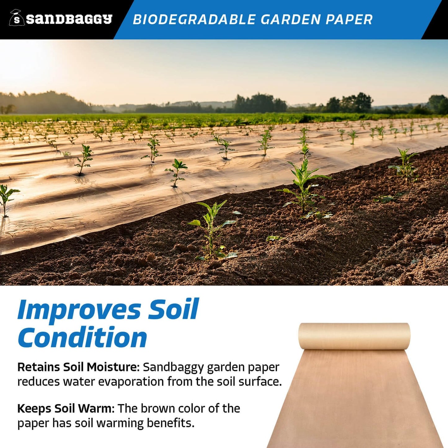 Sandbaggy Biodegradable Landscape Fabric - Garden Paper for Weeds - Paper Mulch Rolls (3 ft x 475 ft, 25)