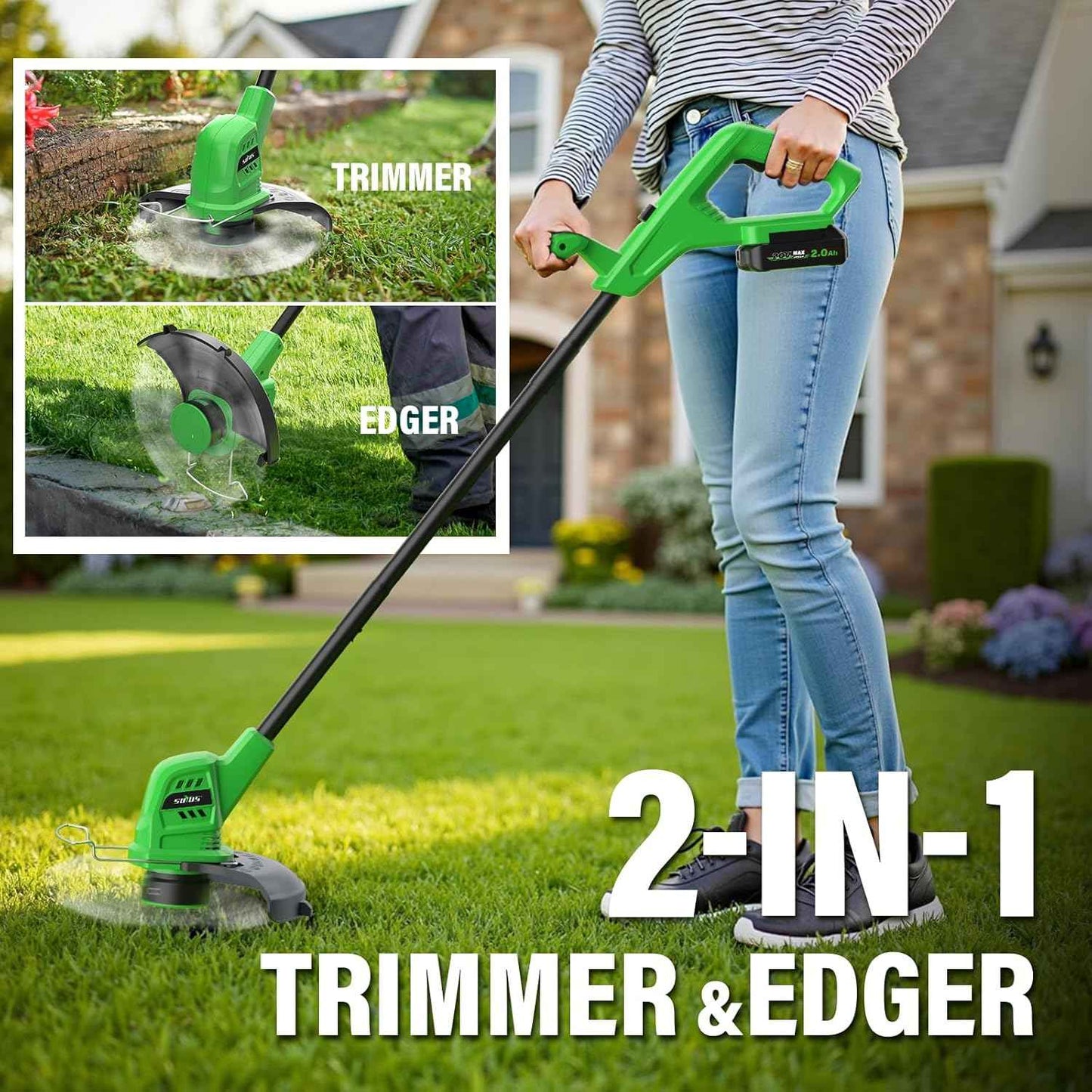 Cordless Weed Wacker 20V, 2×2.0Ah Battery Powered String Trimmer with Charger, 10-Inch Electric Grass Trimmer Edger for Yard and Garden, Green