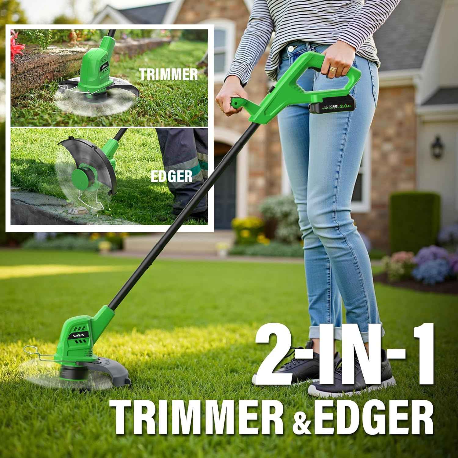 Cordless Weed Wacker 20V, 2×2.0Ah Battery Powered String Trimmer with Charger, 10-Inch Electric Grass Trimmer Edger for Yard and Garden, Green