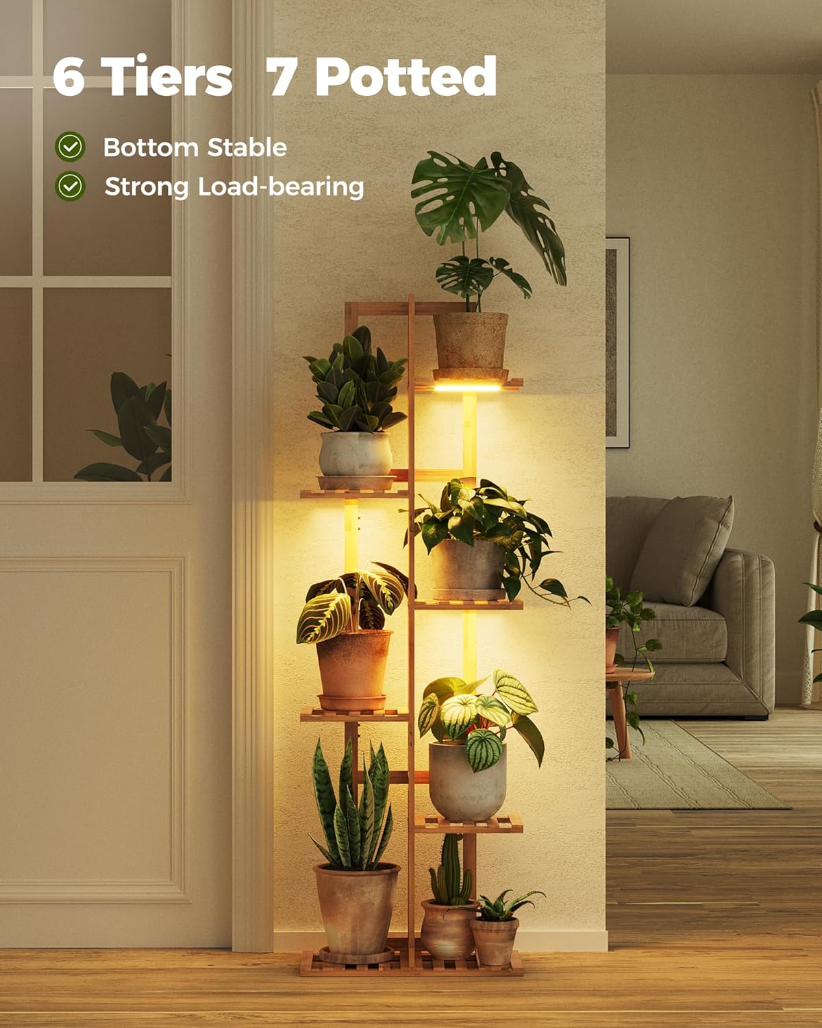 Bamworld Bamboo Plant Stand with Grow Light 6 Tiered Plant Shelf Indoor Outdoor Corner Plant Rack for Multiple Plants Flower Stand Plant Holder for Living Room Bedroom Balcony Patio Garden 48 Inch Natural