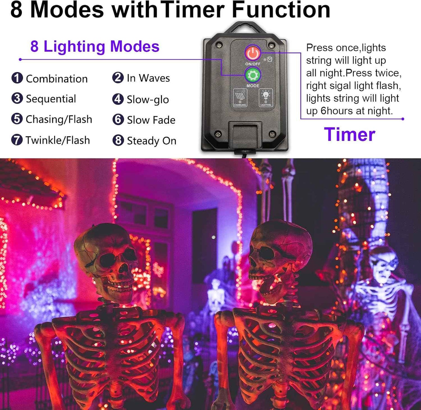 Solar String Lights for Outside, Purple Halloween Lights Outdoor Waterproof 2Pack Total 144ft 400 LED 8 Modes with Timer, IP44 Twinkle Lights for Party, Patio, Garden, Decor