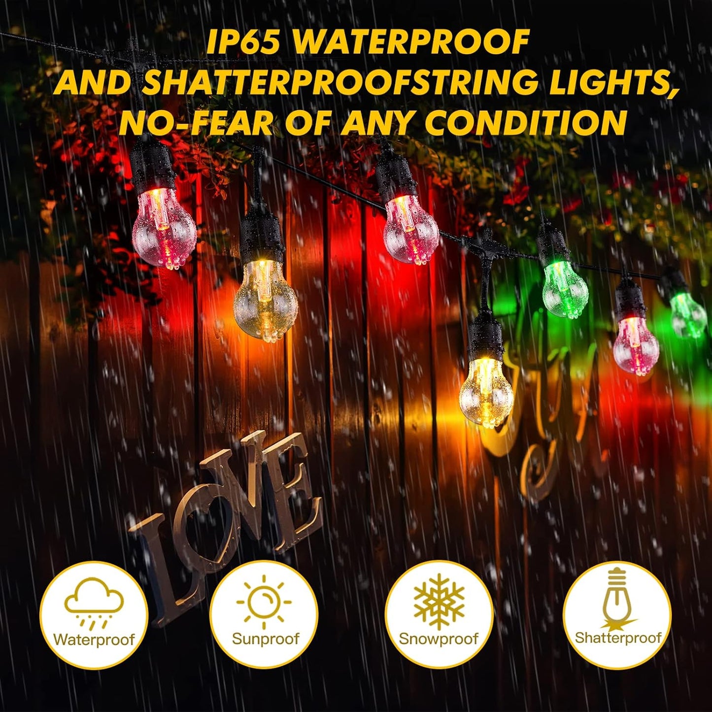 Auroraworld Outdoor String Lights RGB, 48FT Dimmable Patio String Lights with Shatterproof Edison Bulbs, Remote, Commercial Lights for Cafe, Patio, Yard, Party