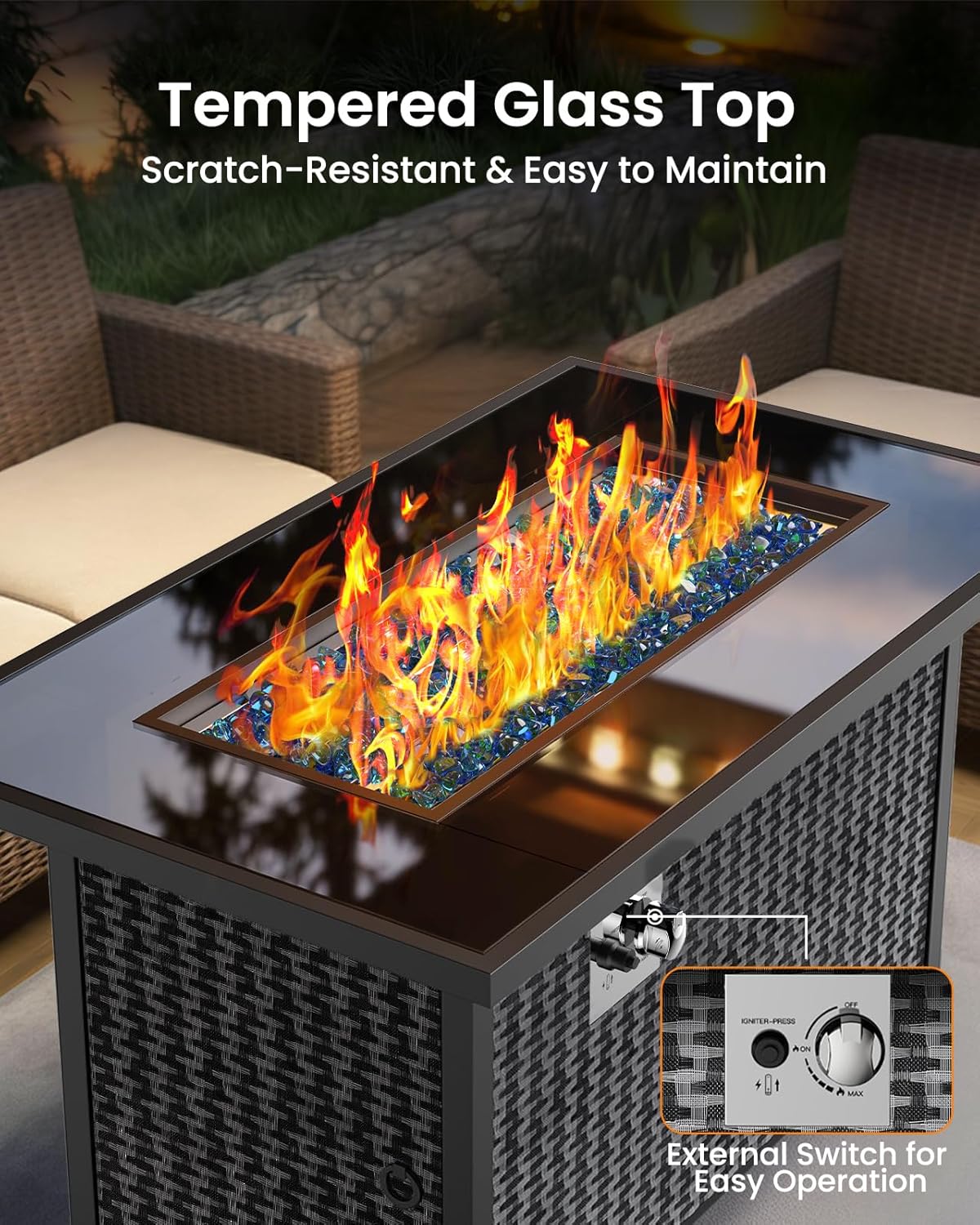 Ciays 43″ Propane Fire Pit, CSA-Listed 60,000 BTU Outdoor Gas Fire Pit Table with Glass Wind Guard, Tempered Glass Top, Lid, Glass Rocks, Adjustable Legs, Fire Table for Patio, Garden & Party, Black
