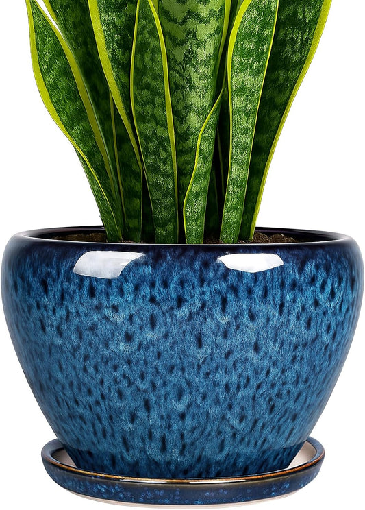 Deep Dream 8 Inch Plant Pots- Ceramic Pots for Plants with Drainage Hole and Saucer, Large Planter Pot for Indoor Plants Outdoor Decor, Blue
