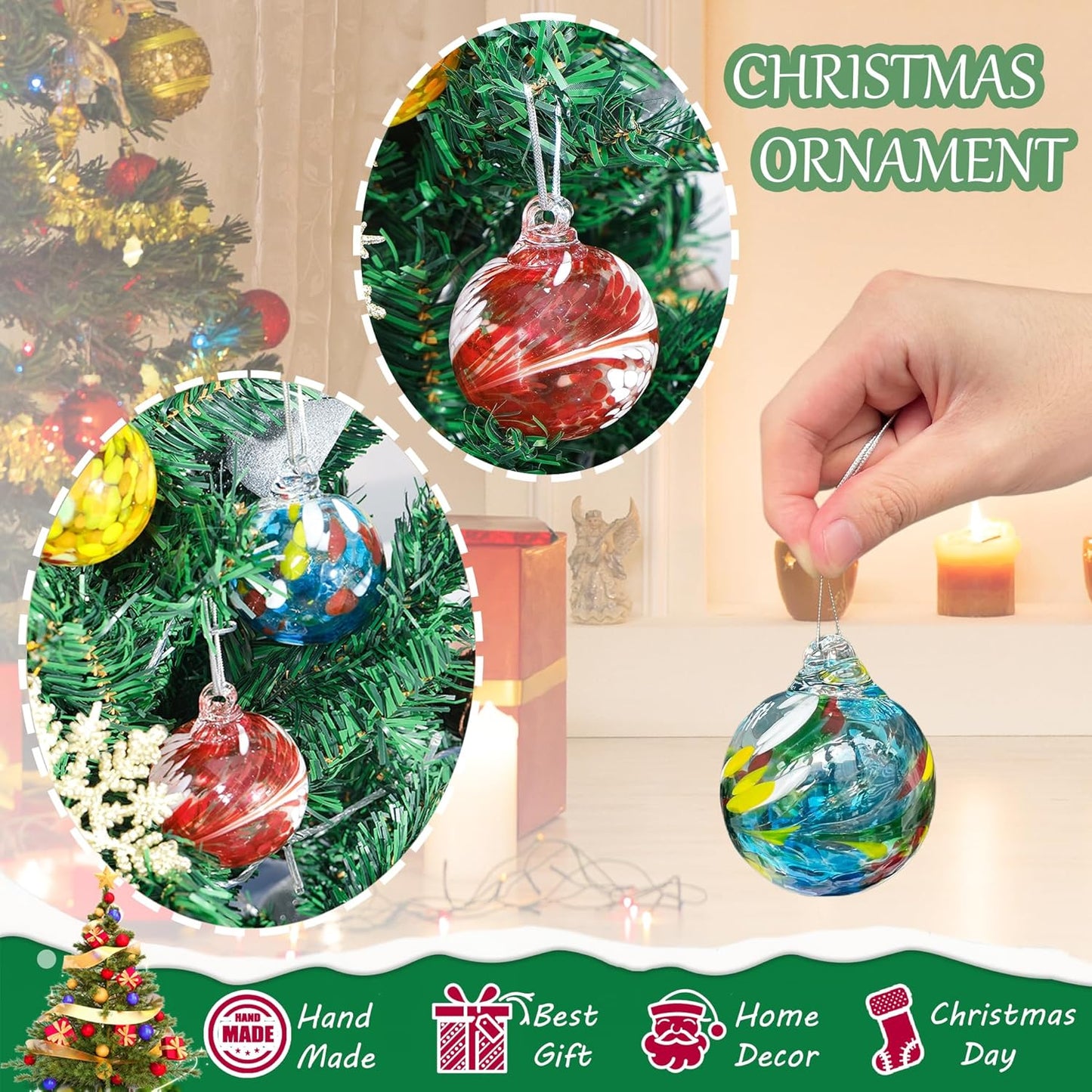 Christmas & Halloween Glass Ball Ornaments (Set of 12), 2.4" Crystal Hand Blown Decor, 2025 Holiday Hanging Baubles Witch Balls for Xmas Tree, Wreath, Garland, Home Decor
