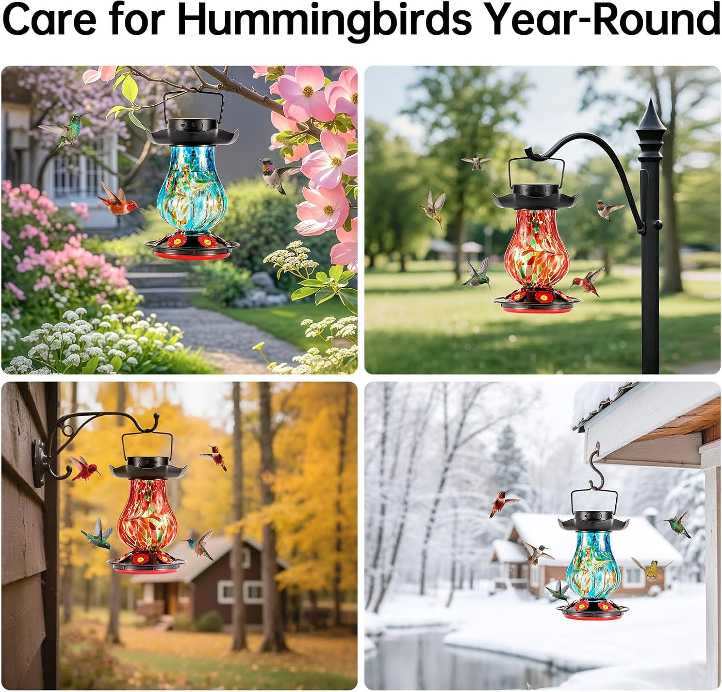 DesGully Solar Hummingbird Feeder for Outdoor - 25 fl.oz Hand Blown Glass Hummingbird Feeders for Outdoors Hanging, Large Capacity with Moat, 6 Colors Changing Light Outside Garden Decor (Red)