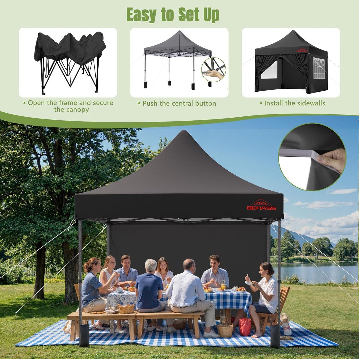 10x10 Heavy Duty Pop Up Canopy with 4 Sidewalls, 550D Commercial Easy Up Canopy Tent, Waterproof Outdoor Party Event Tent with Roller Bag, Black
